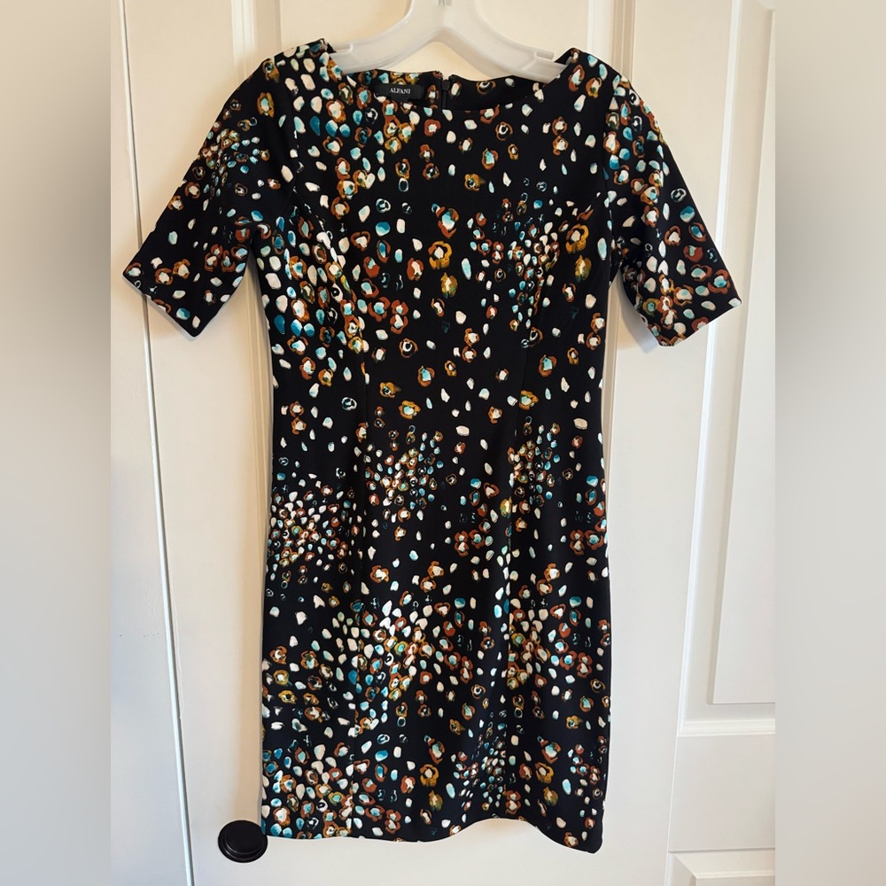 Alfani black sheath dress with a multi-color abstract print